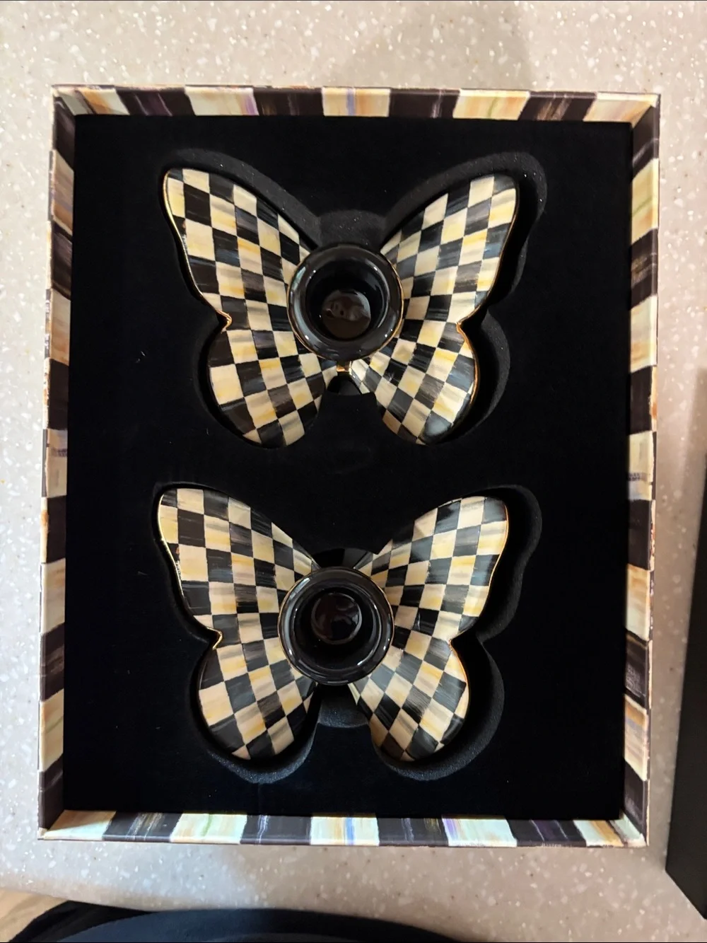 MacKenzie-Childs Checkered Butterfly Candleholders in Black & Cream
